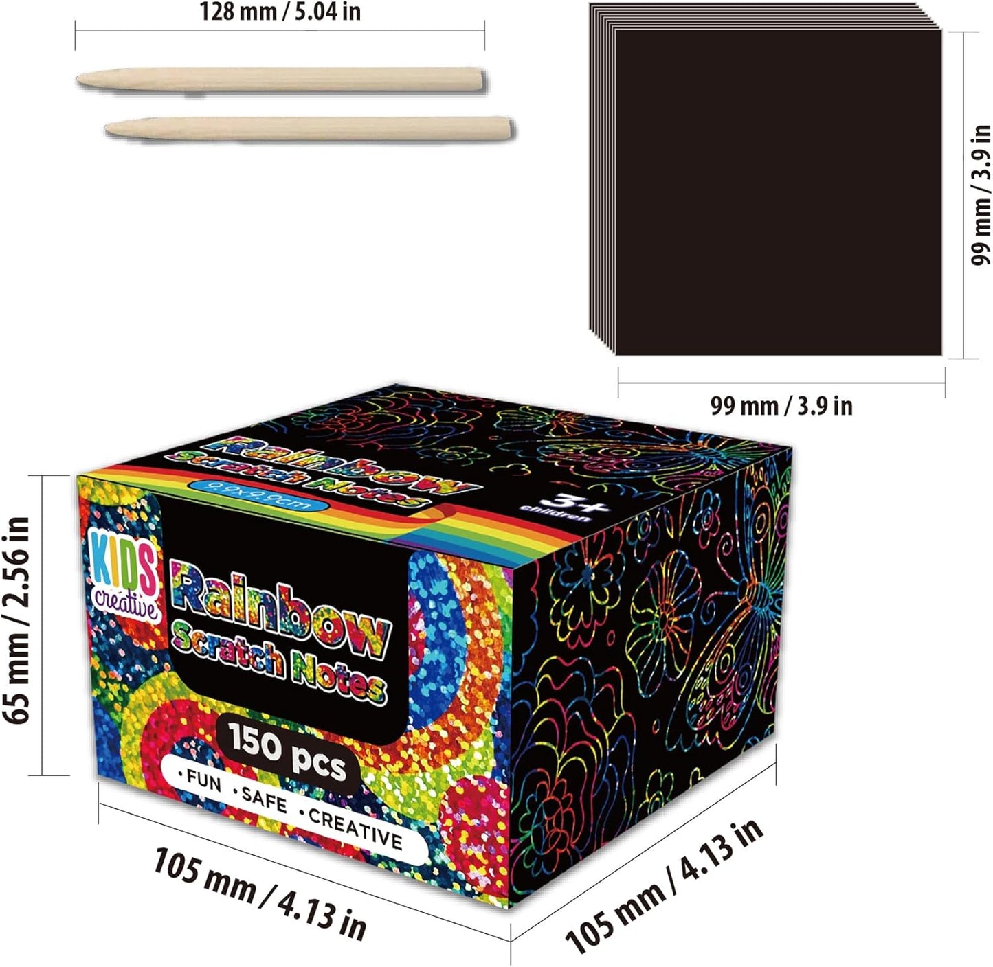 GizzJeveal 150 Pcs Scratch Art Paper Kit, 3 Metallic Colors (Rainbow, Silver, Rose Gold), 3 Stencils & 2 Styluses. Magic Crafts for Kids 3-12, School Rewards, Party Favors, Easter Gifts