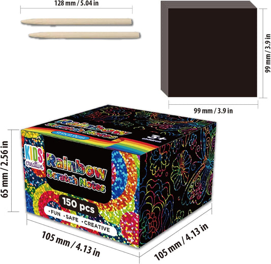 GizzJeveal 150 Pcs Scratch Art Paper Kit, 3 Metallic Colors (Rainbow, Silver, Rose Gold), 3 Stencils & 2 Styluses. Magic Crafts for Kids 3-12, School Rewards, Party Favors, Easter Gifts