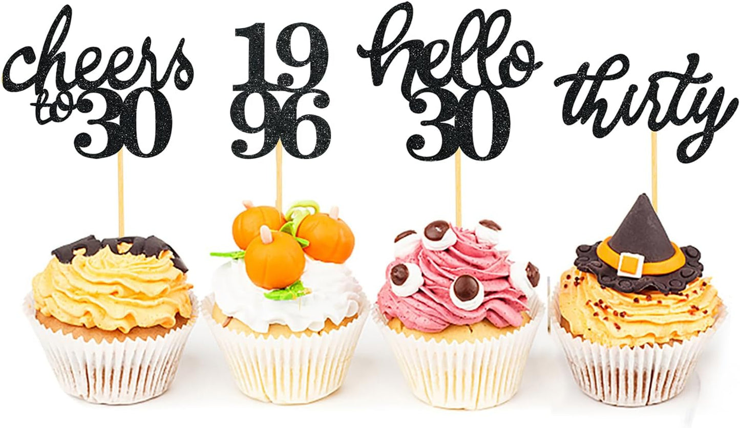 24 PCS Glitter 30th Birthday Cupcake Toppers for Celebrating Thirty Years Old Birthday Party Decorations for 30th Anniversary Party Supplies (Gold)