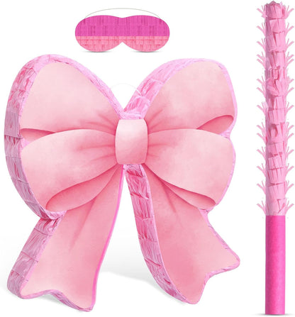 Threan Bow Piñata Bow Party Piñata with Bat Stick Blindfold Mask Coquette Birthday Centerpieces Decorations for Bridal Shower Wedding Anniversary Engagement Supplies (Purple)