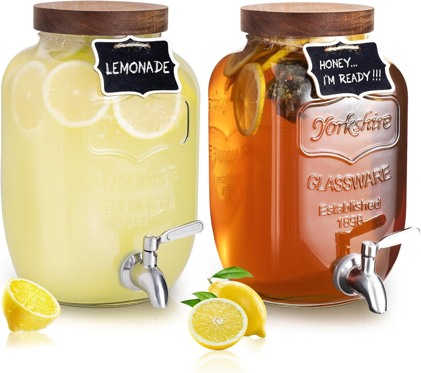 mustry Glass Drink Dispenser for Parties, 1 Gallon Beverage Dispenser with Stand and Spigot Solid Stainless Steel, Used as Lemonade Dispenser Sun Tea Jar Kombucha Jar, Set of 2