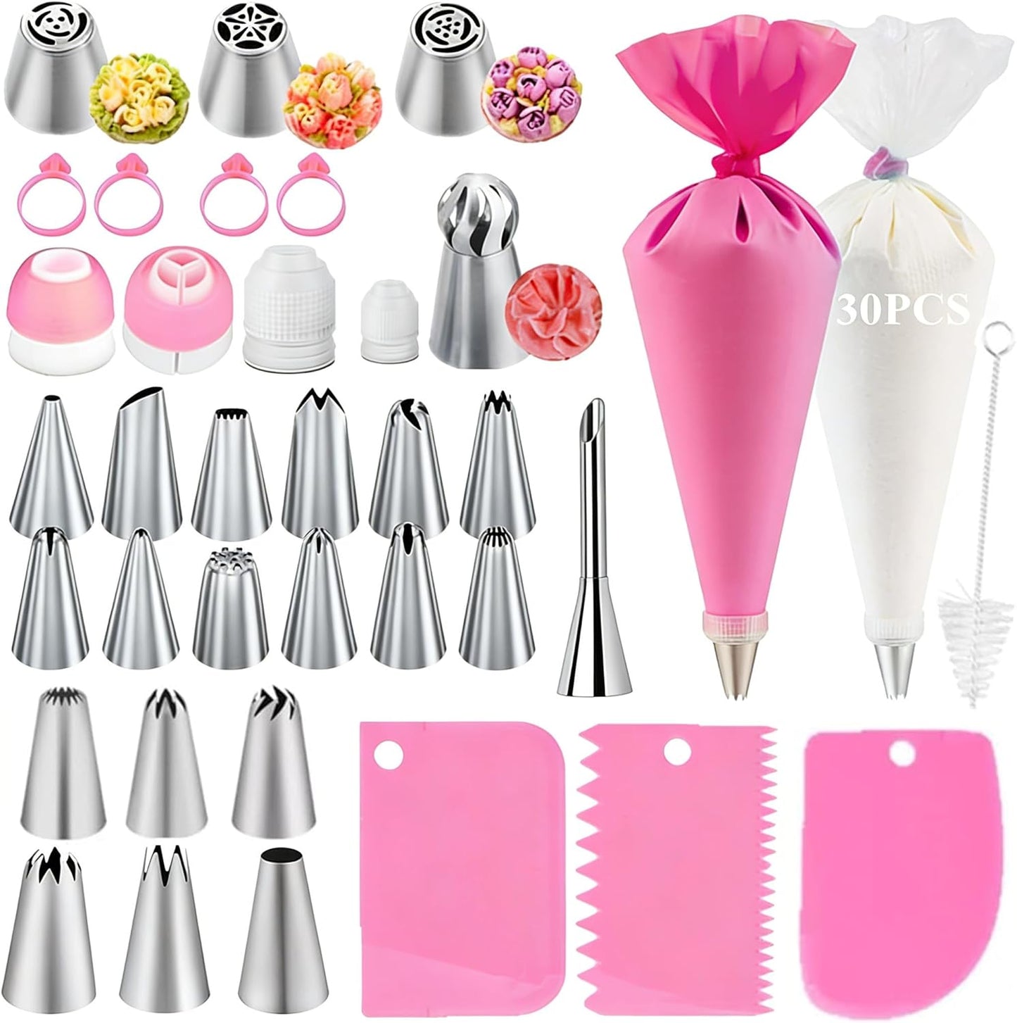 66Pcs Piping Bags and Tips Set, Cake Decorating Tools Supplies, Stainless Steel frosting tips with Reusable Pastry Bag, Cake Decorating Tips Set for DIY Pastry Dough, Cookie, Cupcake, Cake (Pink)