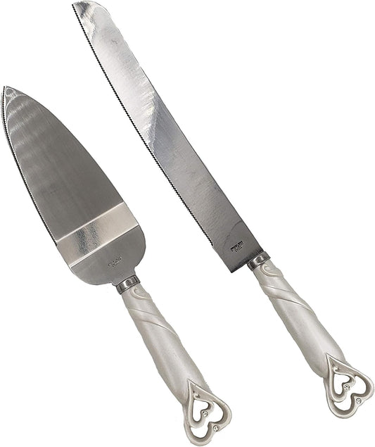 FASHIONCRAFT 2401 Interlocking Hearts Design Cake Knife and Server Set, Wedding Cake Knife and Server Set, Silver Stainless Knife Set