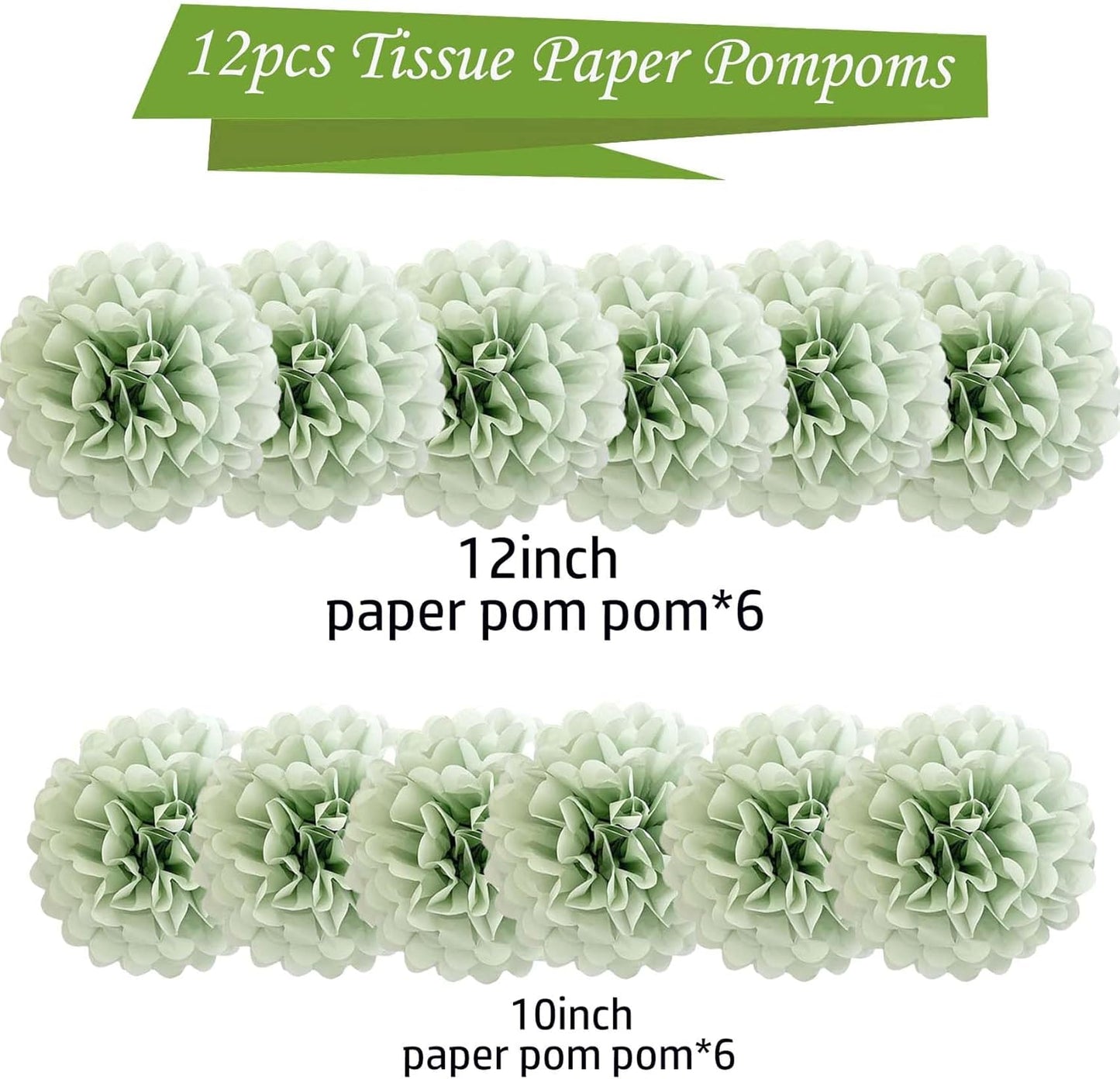 Sage Green Tissue Paper Pom Poms Flowers Balls 12 Pcs are Perfect for Party Celebrations or Any Green-Themed Event Decoration