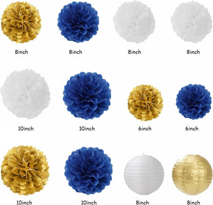 2026 Blue Class-Congratulations Prom Graduation Party-Decorations - 22pcs High School College Grad Supplies Decor,Royal Navy White Silver Tissue Pom Poms Streamers, Paper Flowers Lanterns Hugmoon