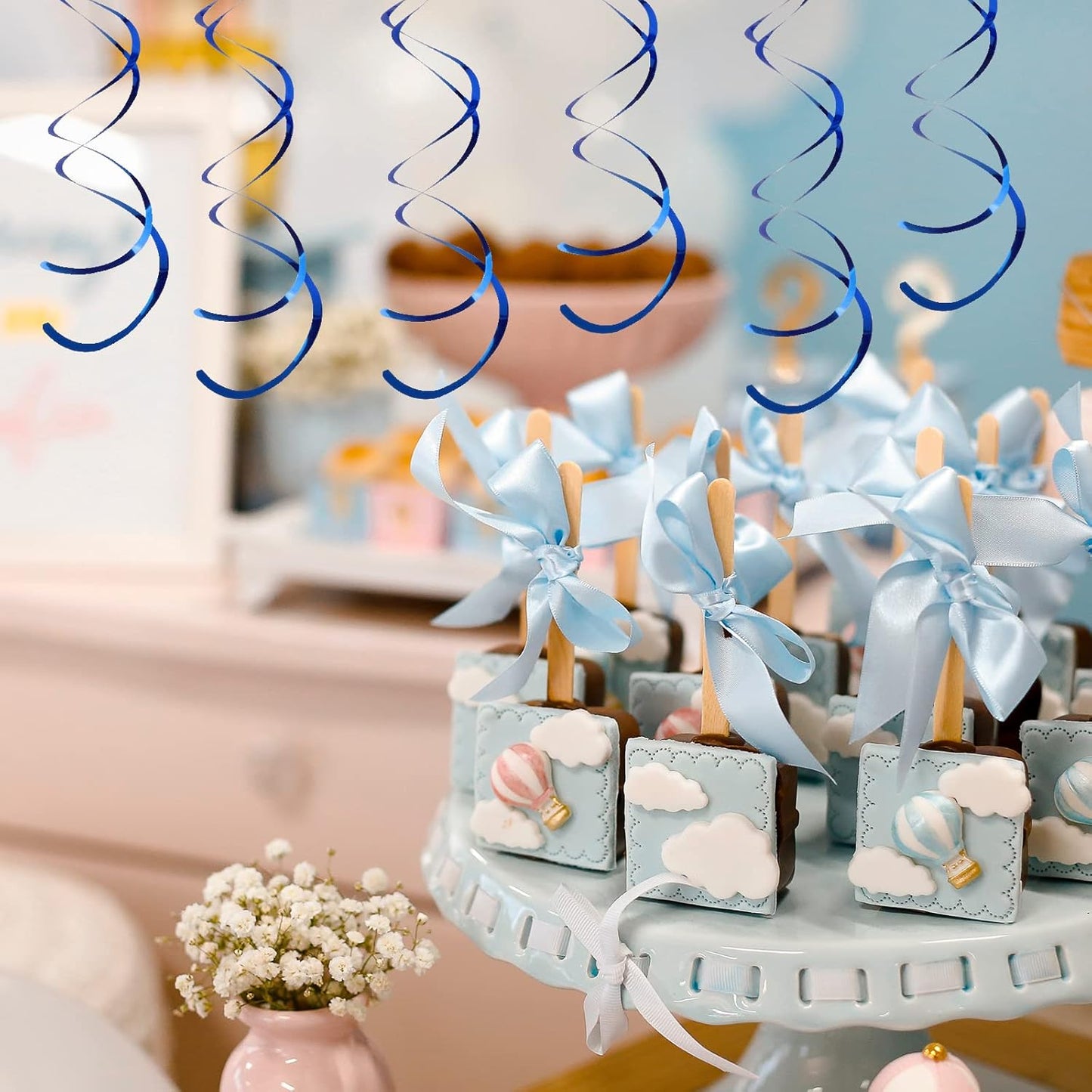 30 Pieces Iridescent White Hanging Swirls, Foil Swirl Hanging Decorations Plastic Steamers for Ceiling, Dangling Whirls Wedding Baby Shower Birthday Party Decorations