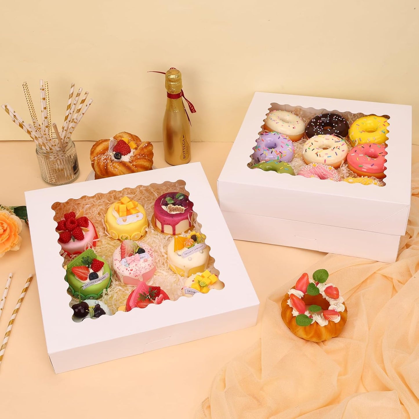 Moretoes 5pcs Pie Boxes, 12x12x2.5 White Bakery Boxes with Window, Auto-Popup Cookie Boxes for Pies, Dessert Boxes Treat Boxes for Pizza, Strawberries, Chocolate, Pastries, Muffins and Donuts