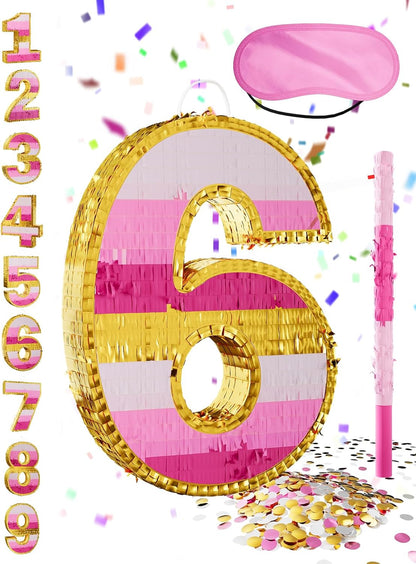 Number 5 Piñata with Stick, Blindfold & Confetti-Pink Piñata for Birthday Parties, Complete Party Game Set for Kids Girls-Gradient Pink Birthday Decor with Fillable Design(Small, 16.5 x 11.5 x 3 In)