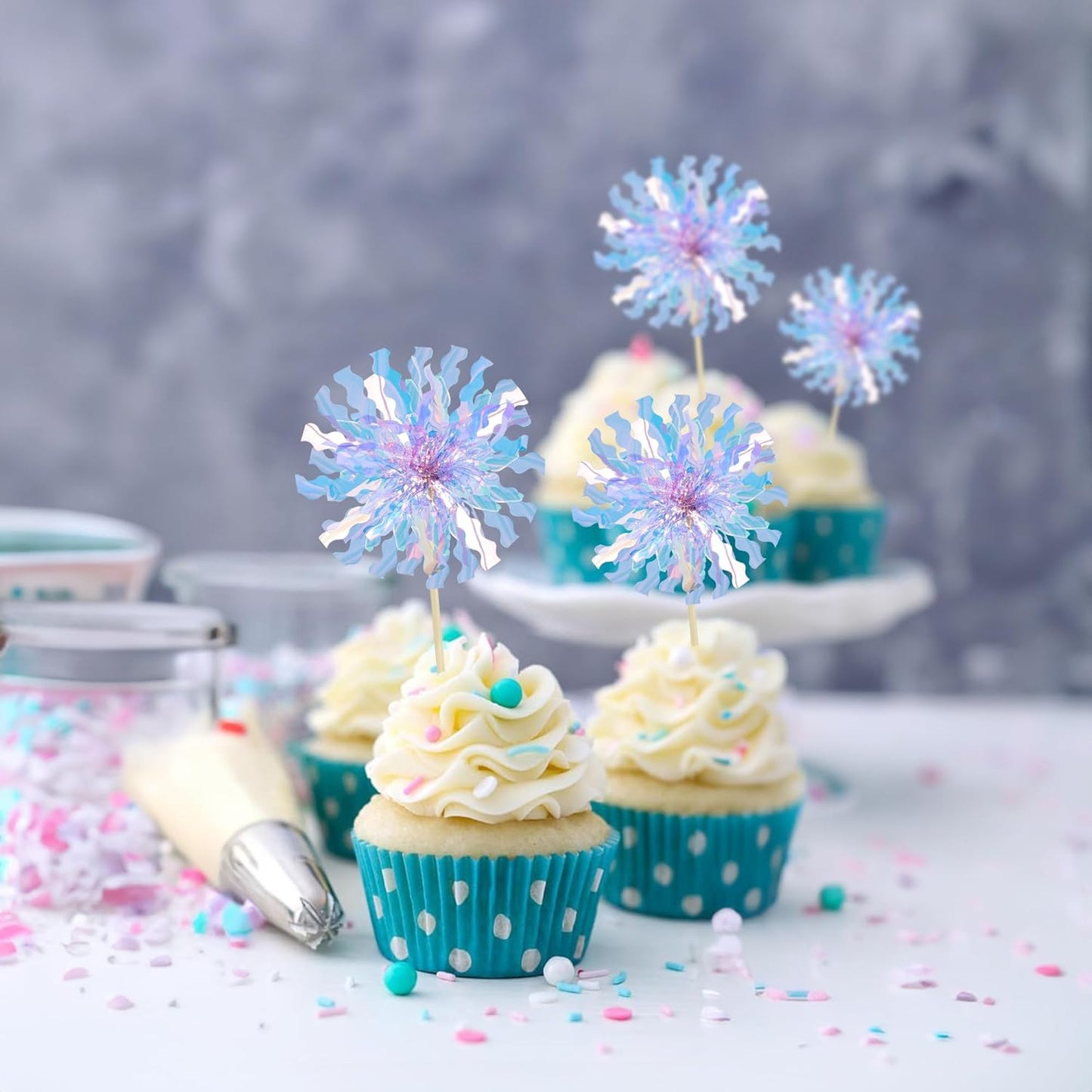 Ephlyn 30Pcs Foil Firework Cupcake Toppers Sparkle Tinsel Cupcake Picks Drink Stirrers Cocktail Food Fruit Toothpicks for Baby Shower Graduation Party Supplies White