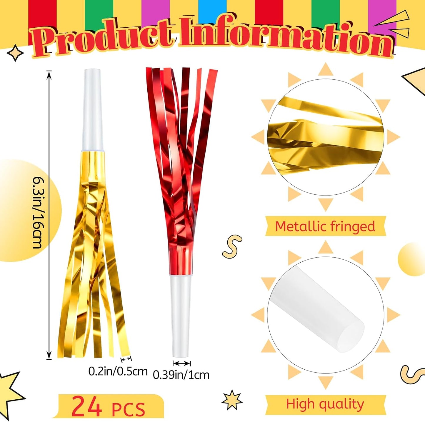 Sumind 24 Pcs Gold Noise Makers Metallic Fringed Party Blowers Horns Whistles Noisemakers Party Favors for Adults Birthday Graduation Sporting Events Celebration Surprise Supplies