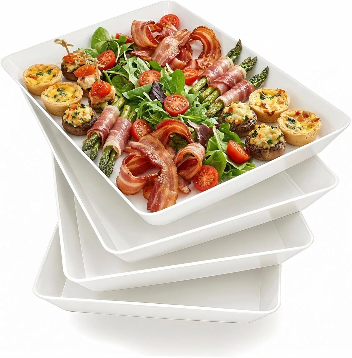 Serving Tray Platter, 4 Pack Food Tray for Veggie Fruit Snack Dessert Cookie Cheese, Food Trays for Party Supplies Display, Plastic Platters for Serving Food, Large White Trays, BPA Free