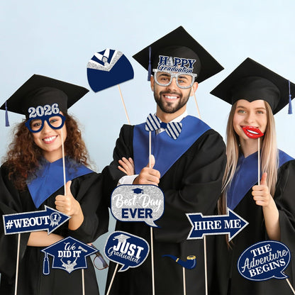 46Pcs Blue Gold Graduation Photo Booth Props 2026 Graduation Decorations with Sticks Class of 2026 Grad Party Favors Supplies for High School & College
