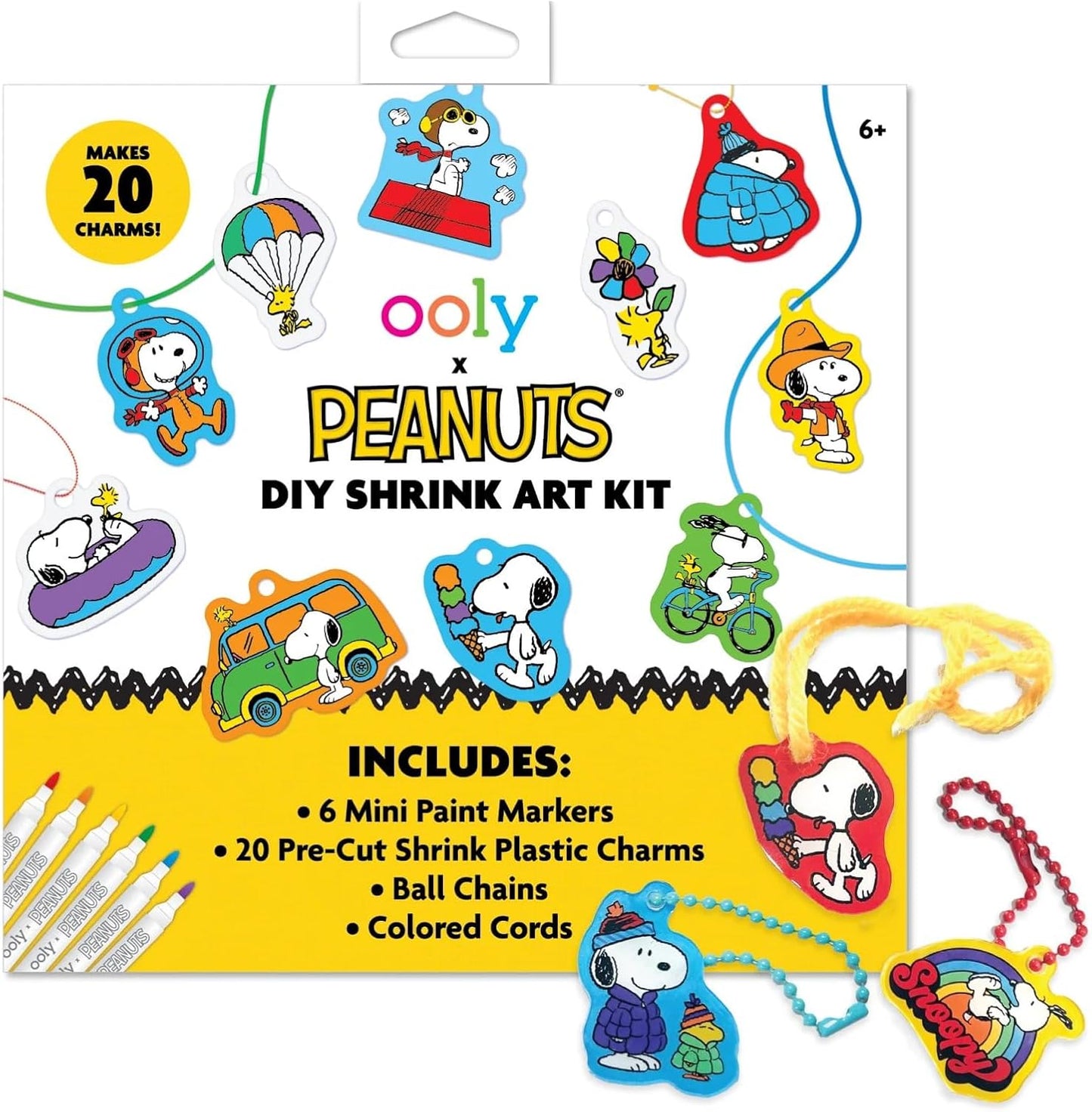 Ooly x Peanuts Snoopy 34 PC DIY Shrinking Art Kit for Kids with Markers, 20 Plastic Pre Cut Charms and More, No Mess Creative Activity Jewelry Making Kit