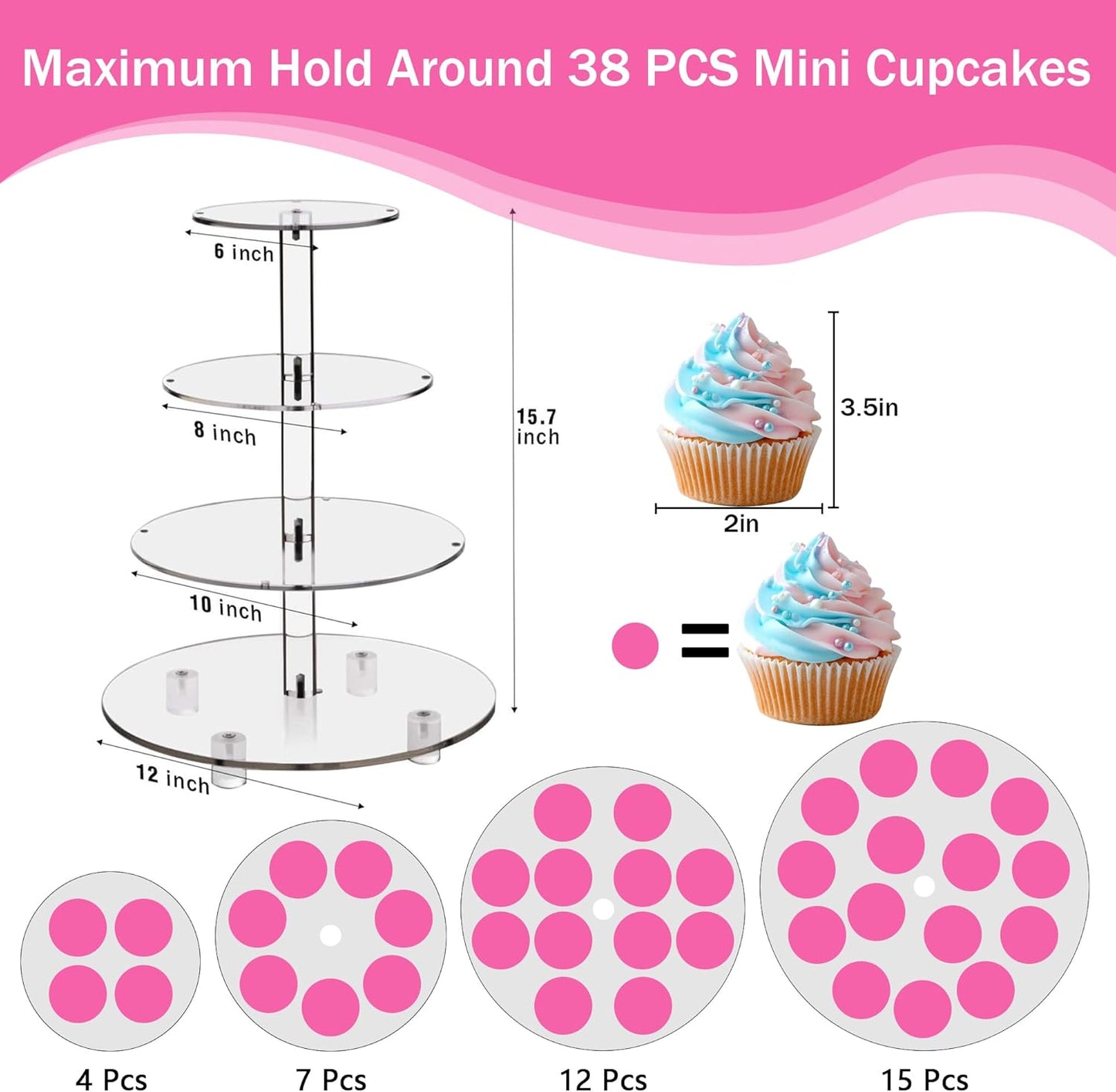 YestBuy Cupcake Stand with Yellow Led Lights, 4 Tier Cupcake Stand for 50 Cupcakes, Acrylic Cupcake Tower Stand, Clear Tiered Cupcake Holder for Birthday Cady Bar Décor Weddings, Parties Events