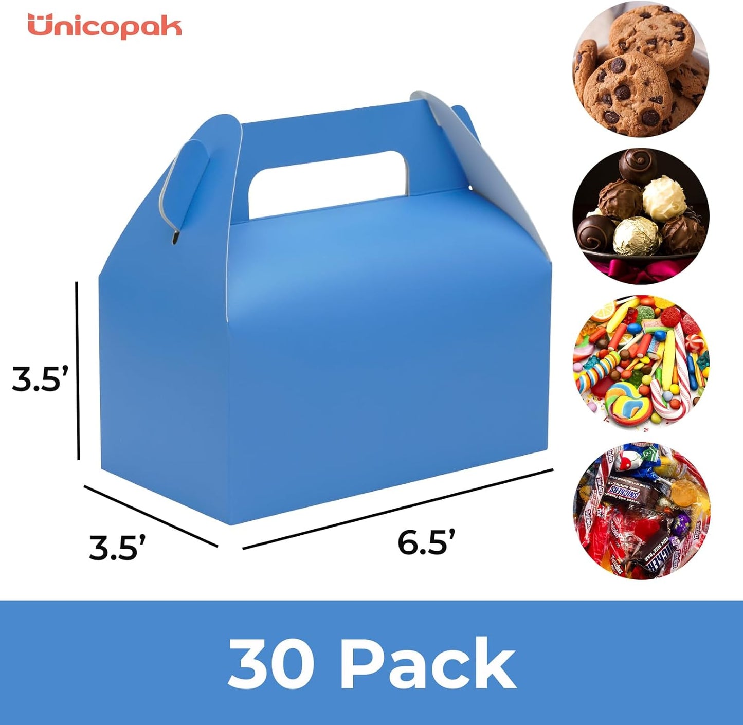 UnicoPak 30 Pack Party Favor Boxes Treat Boxes, White Gable Gift Boxes for Party Favors Goodies Cookies Treats Candies Meals Lunch, 6.5x3.5x3.5 Inches