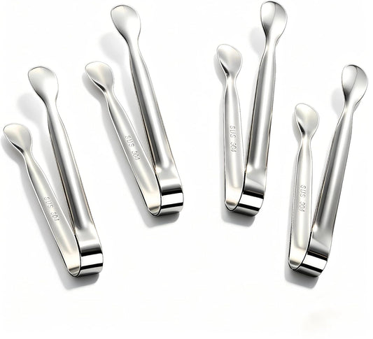 8Pcs 4.3" Stainless Steel Mini Ice Tongs – Ideal for coffee bars, tea parties, dessert events & kitchen use (sugar/ice buckets, appetizers). Available in shiny/textured surface styles for versatile