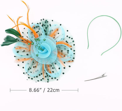 DRESHOW Fascinators Hat Flower Mesh Ribbons Feathers on a Headband and a Clip Tea Party Headwear for Girls and Women - Colors B