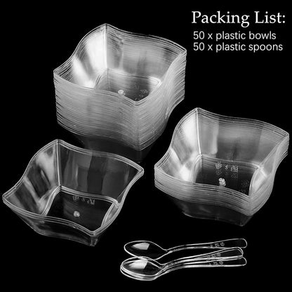 TOFLEN 100ct 5 oz Small Plastic Dessert Cups with Spoons, Clear Appetizer Cups for Parties Mini Serving Bowls, Hors D'oeuvres Plates