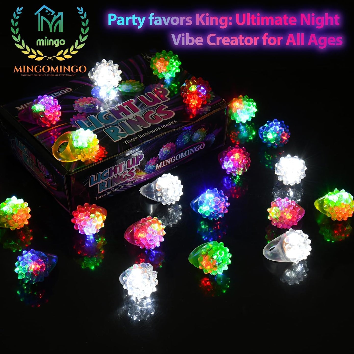 MINGOMINGO 25 Pack LED Light Up Rings & Glow Rings – Bachelorette Party Favors, Bridal Shower Favors, Graduation Favors Bulk, Classroom Prizes, 3-Mode Flashing