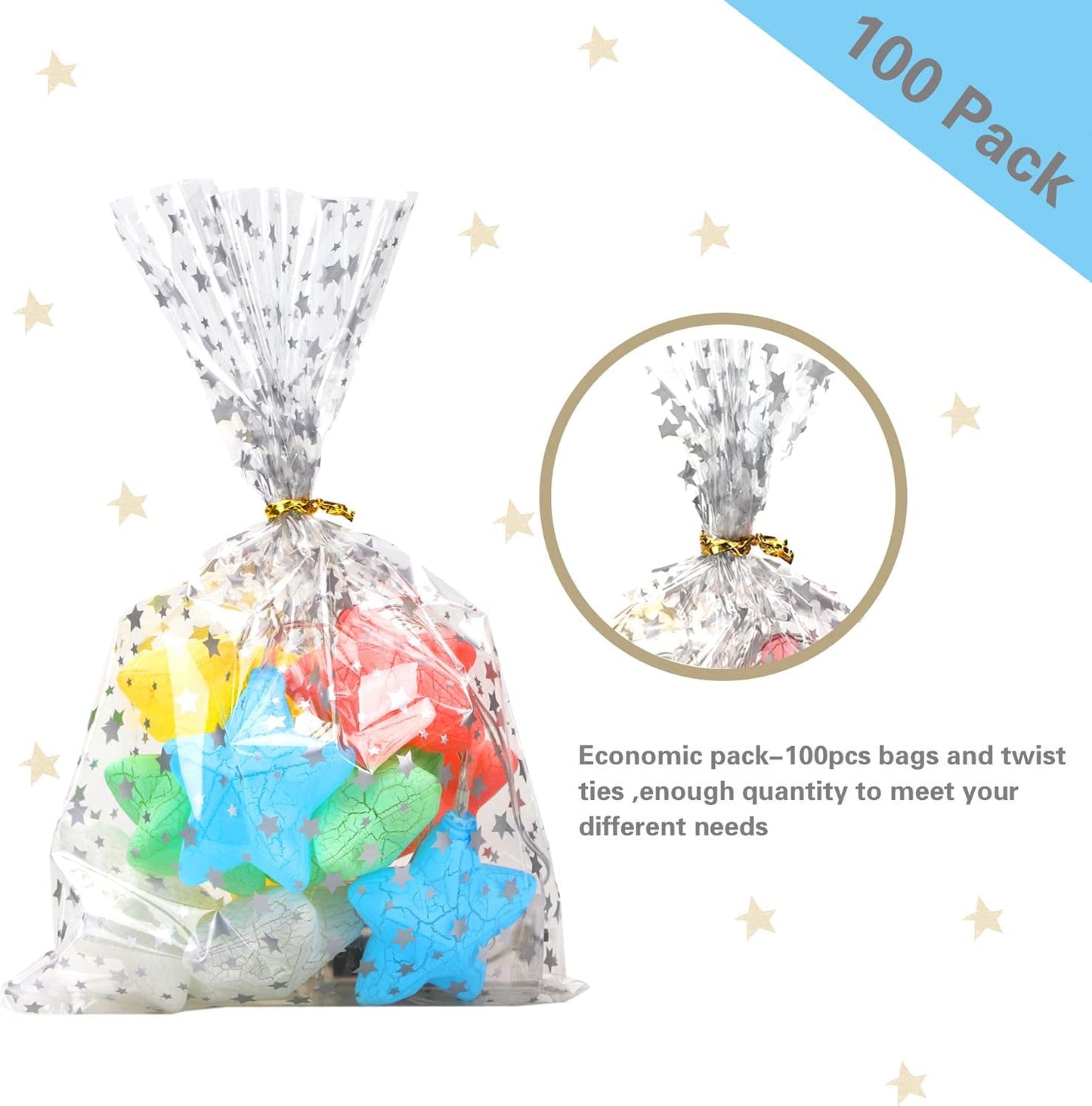 100 Pcs Star Printed 5"X 7" Gift Wrap Cello Cellophane Treat Bags Party Favor bags Clear Candy Cookie Bag Plastic Poly Goodie Storage Bag with Twist Ties for Bakery,Birthday, Wedding ,Party Decorations (Gold)