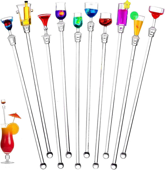 Cocktail Swizzle Stirrer Sticks, Airlxf Pack of 10 Cocktail Mixing Spoons Colorful Acrylic Cocktail Drink Stirrer for Bars Cafes Restaurants Home Use (10)