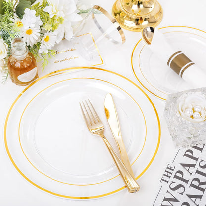 WELLIFE 350-Piece Gold Disposable Plates and Cutlery Set - Premium 10.25" Dinner Plates, 7.5" Dessert Plates, 9oz Cups & Cutlery for Weddings, Catering Events - 50 Guest Service - Elegant & Sturdy