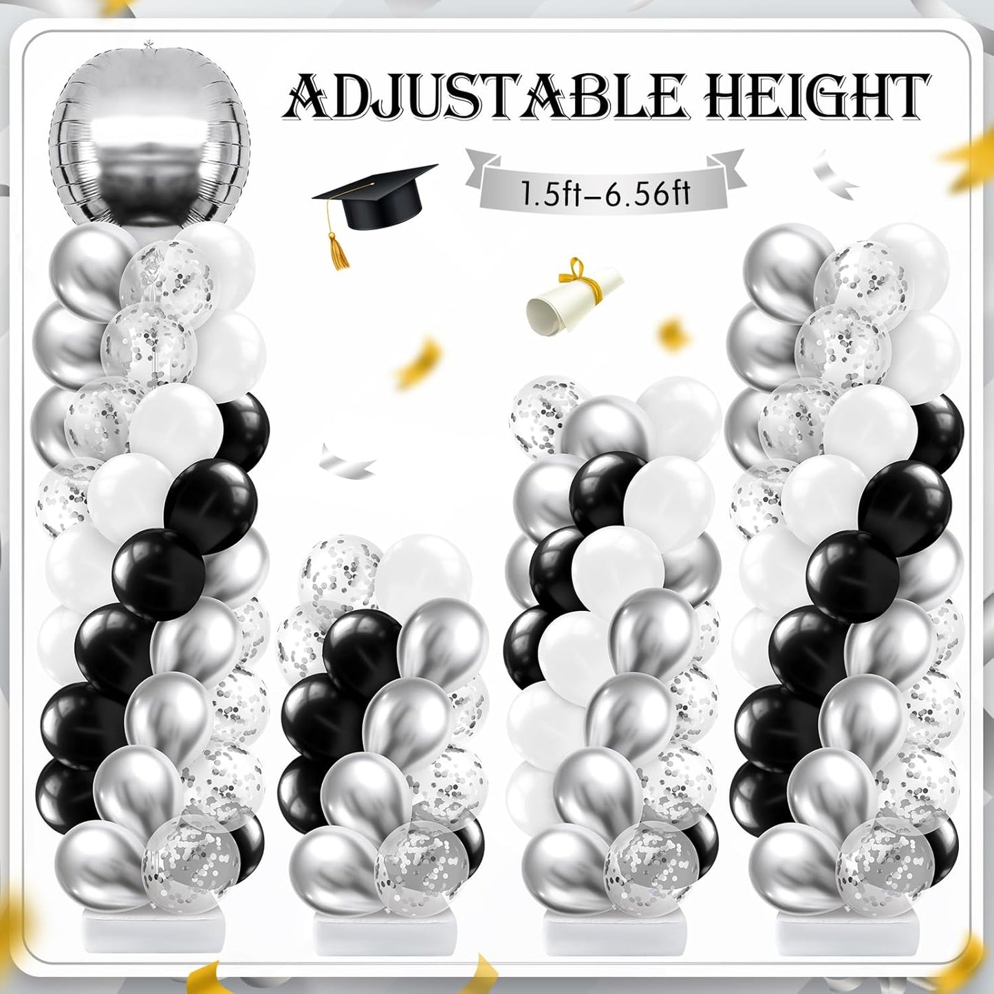 2 Sets Blue and Black White Graduation Balloon Column Stand Kit for Class of 2026, Adjustable Floor Balloon Arch Tower with Foil & Latex Balloons, DIY Decor for Grad Ceremony Backdrop
