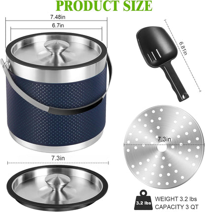 3.4Quart/3.2L Insulated Stainless Steel Ice Bucket with Lid, Scoop, Leather Design Double Wall Wine Bucket for Cocktail Bar, Parties (Dark Blue)