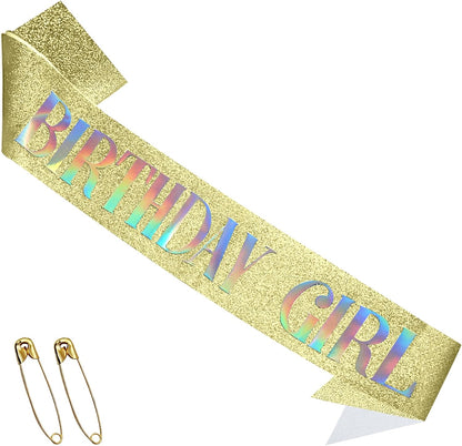 RUDONG M Birthday Girl Sash Glitter - Silver Birthday Sash for Women & Girls | Sweet 16/18th/21st/30th/40th/50th/60th/70th, All-Age Celebration Party Decor