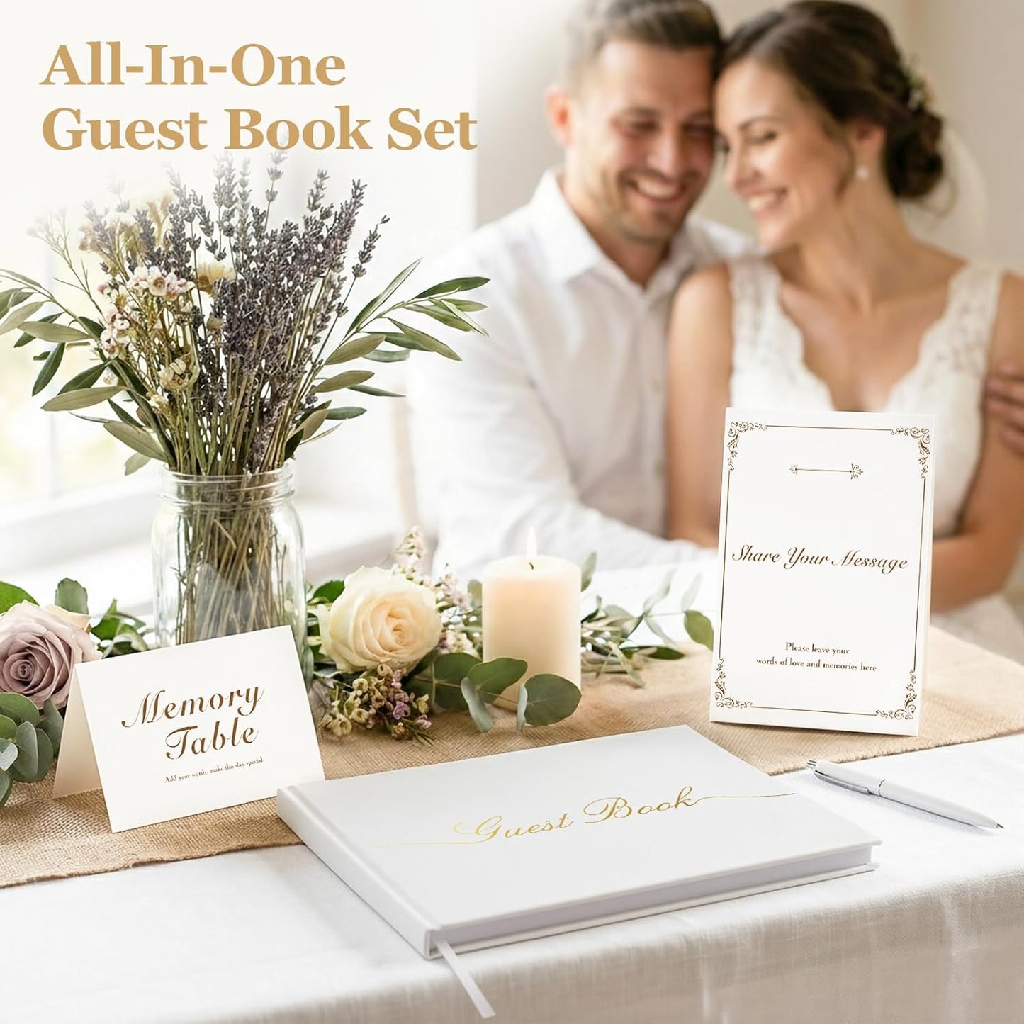 Guest Book for All Occasions – White Hardcover with Gold Foil, 120 Acid-Free Blank Pages, Includes Table Sign & Welcome Card | 8.66x6.69 Sign-in Book for Wedding, Party & Memorial