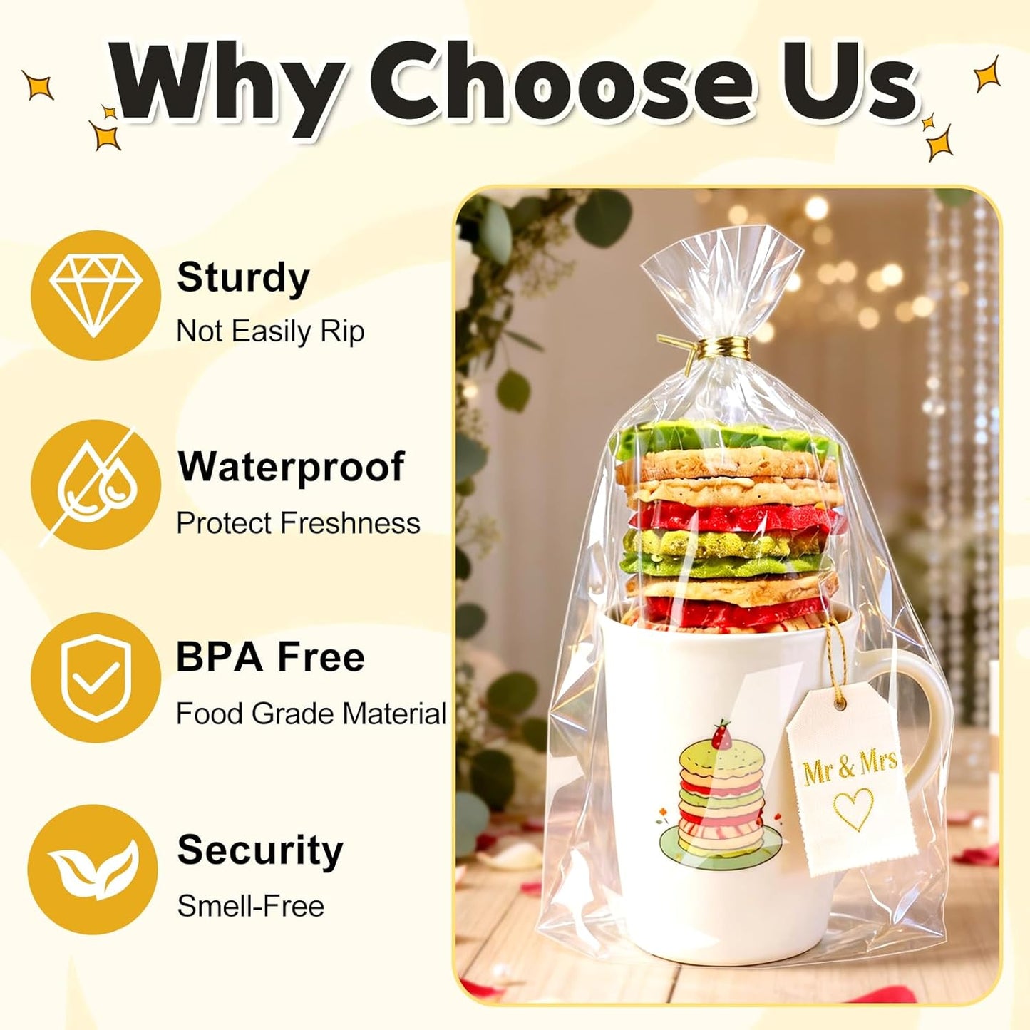 PigPotParty Cellophane Treat Bags 6x9 Inch, 50 Pack Clear Goodie Bags with Bottom Gusset for Stand-Up Display, Small Plastic Gift Wrap for Cookies, Candy, Party Favors, Popcorn, Includes 50 Gold Ties