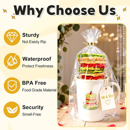 PigPotParty Cellophane Treat Bags 6x9 Inch, 50 Pack Clear Goodie Bags with Bottom Gusset for Stand-Up Display, Small Plastic Gift Wrap for Cookies, Candy, Party Favors, Popcorn, Includes 50 Gold Ties