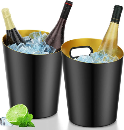 MorningRo 2 Pcs 5 Quart Black Champagne Ice Bucket 4.7 L Metal Doublewall Hammered Stainless Steel Wine Beer Chiller Home Bar Accessories for Football Sports Wedding Party Summer BBQ (Beveled Mouth)