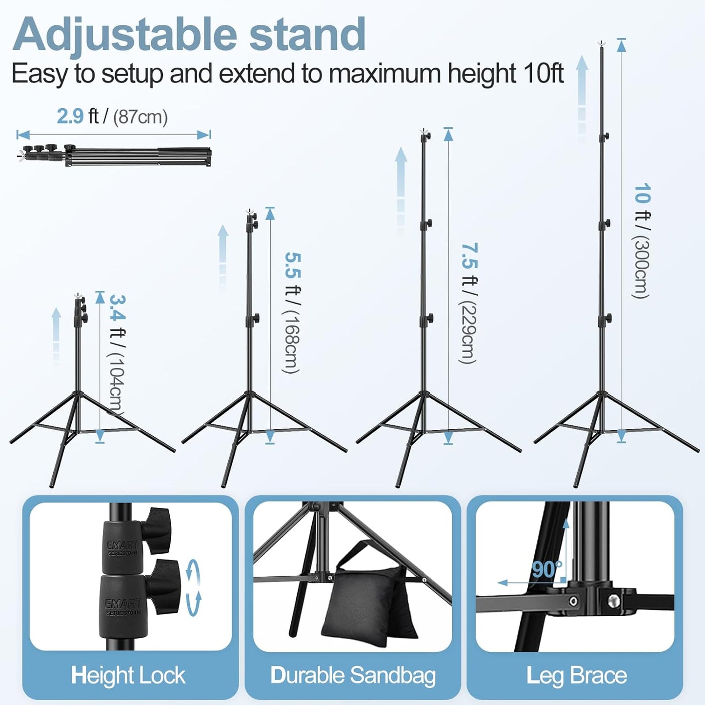 EMART 10x10FT Backdrop Stand, Photo Studio Back Drop Adjustable Stand with 6 Backdrop Clamps,2 Sandbags and Carry Bag,Heavy Duty Background Support System Kit for Photography,Parties,Wedding,Video