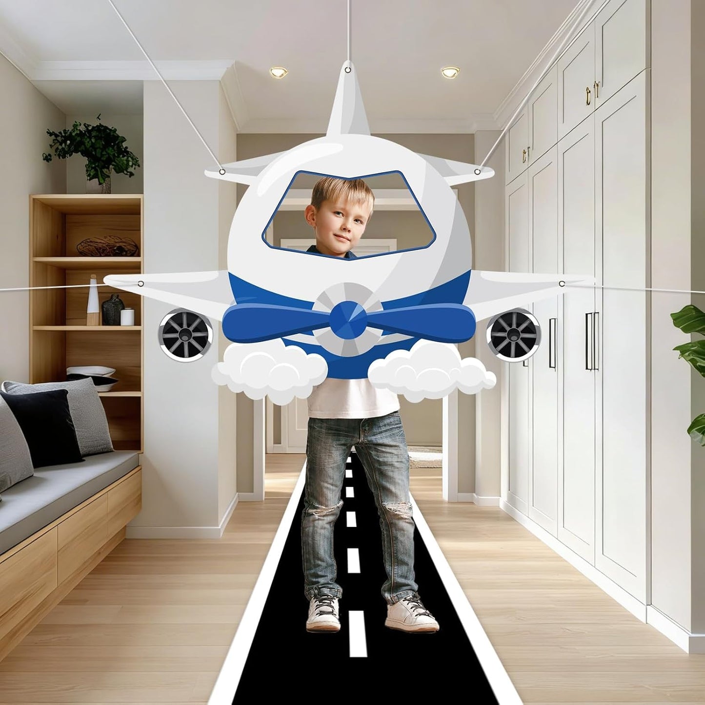 Airplane Shaped Photo Prop Selfie Frame Airplane Birthday Decoration Fabric Aircraft Backdrop Banner with Long Racetrack Floor Mat Plane Themed Background for Kids Baby Shower Birthday Party Supplies