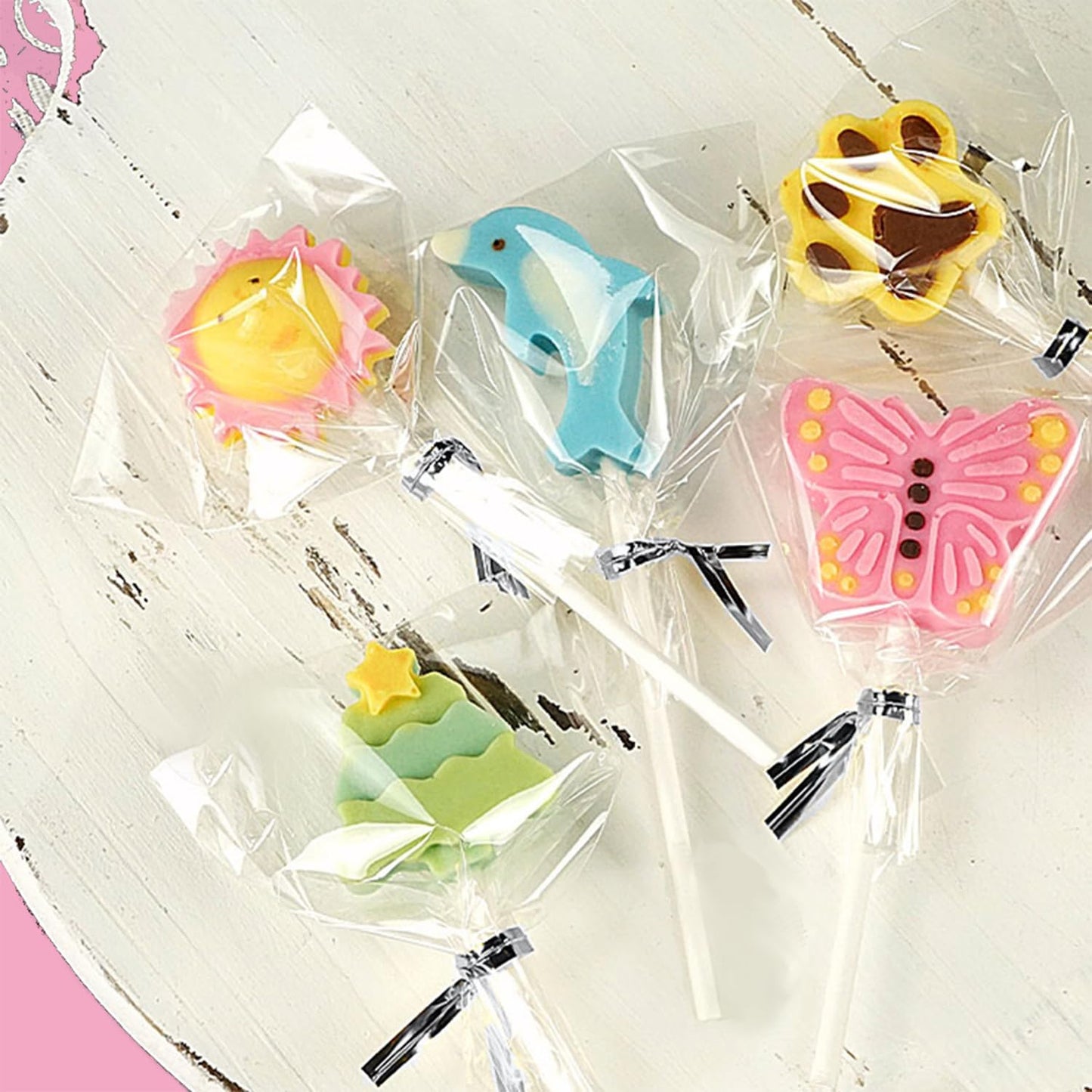 Basquei Cake Pop Sticks 6 Inches, Cake Pop Bags (3.9"X4.7"), Pink Metallic Twist Ties, 300 Pcs Cake Pop Kit Used for, Lollipops Cake, Candies, Chocolates Making Tools