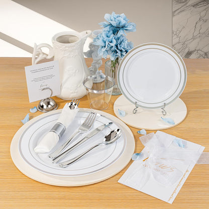 BESTVIP 350PCS Gold Plastic Dinnerware Set, Disposable Party Plates for 50 Guests, Include: 100 Plastic Plates, 50 Pre Rolled Napkins with Gold Silverware, 50 Cups