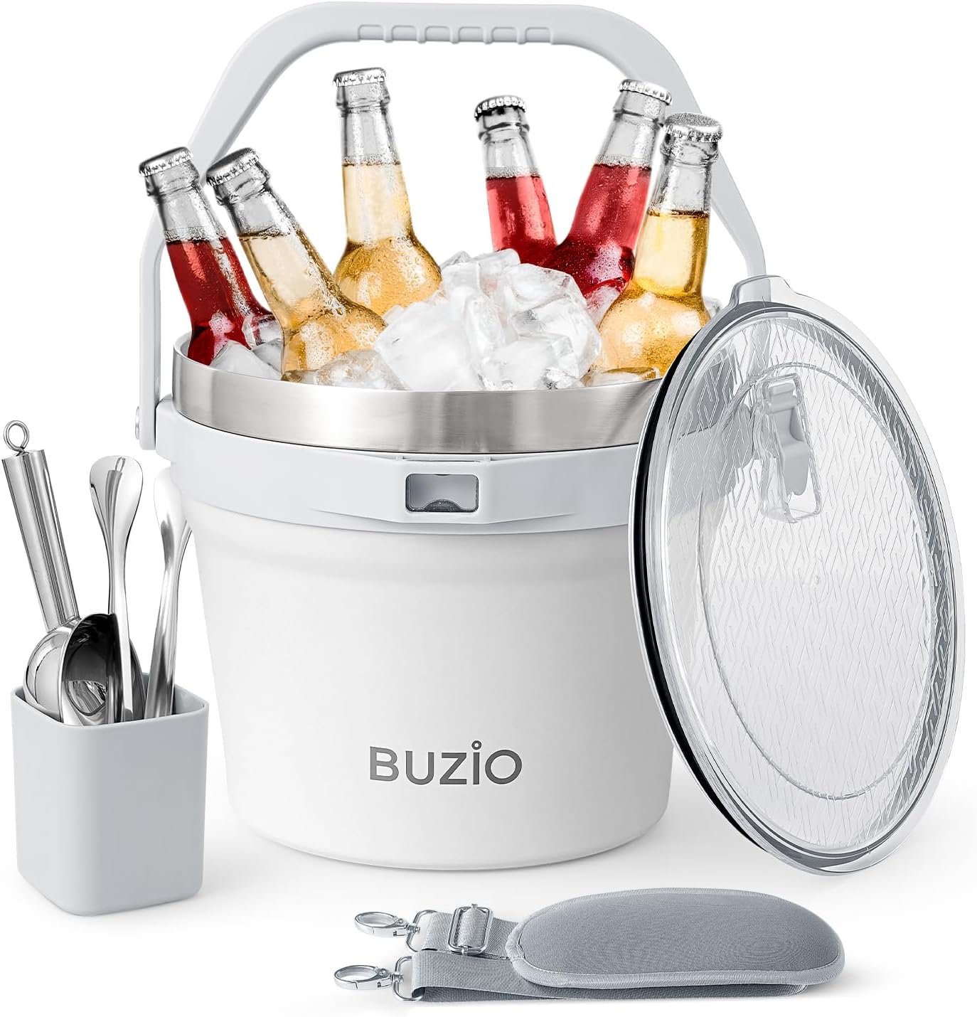 BUZIO 7 L Ice Bucket for Parties with Lid and Scoop & Tongs, Vacuum Insulated Stainless Steel Ice Buckets with Handle and Adjustable Shoulder Strap, Large Beverage Bucket for Cocktail Bar, Blue