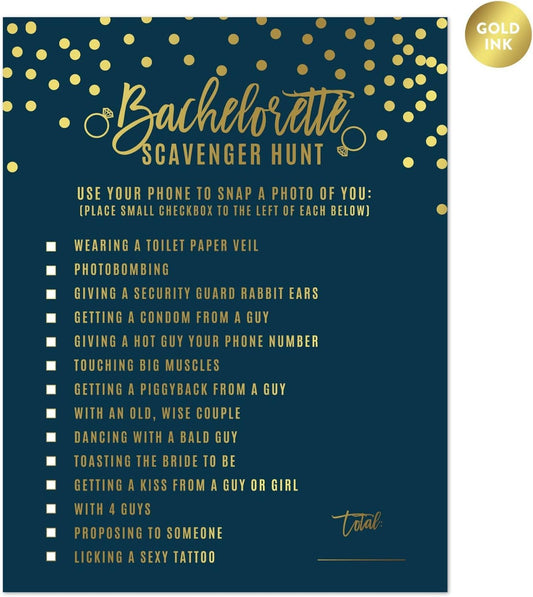 Andaz Press Navy Blue and Metallic Gold Confetti Polka Dots Bachelorette Party Bridal Shower Collection, Scavenger Hunt Game Cards, 20-Pack