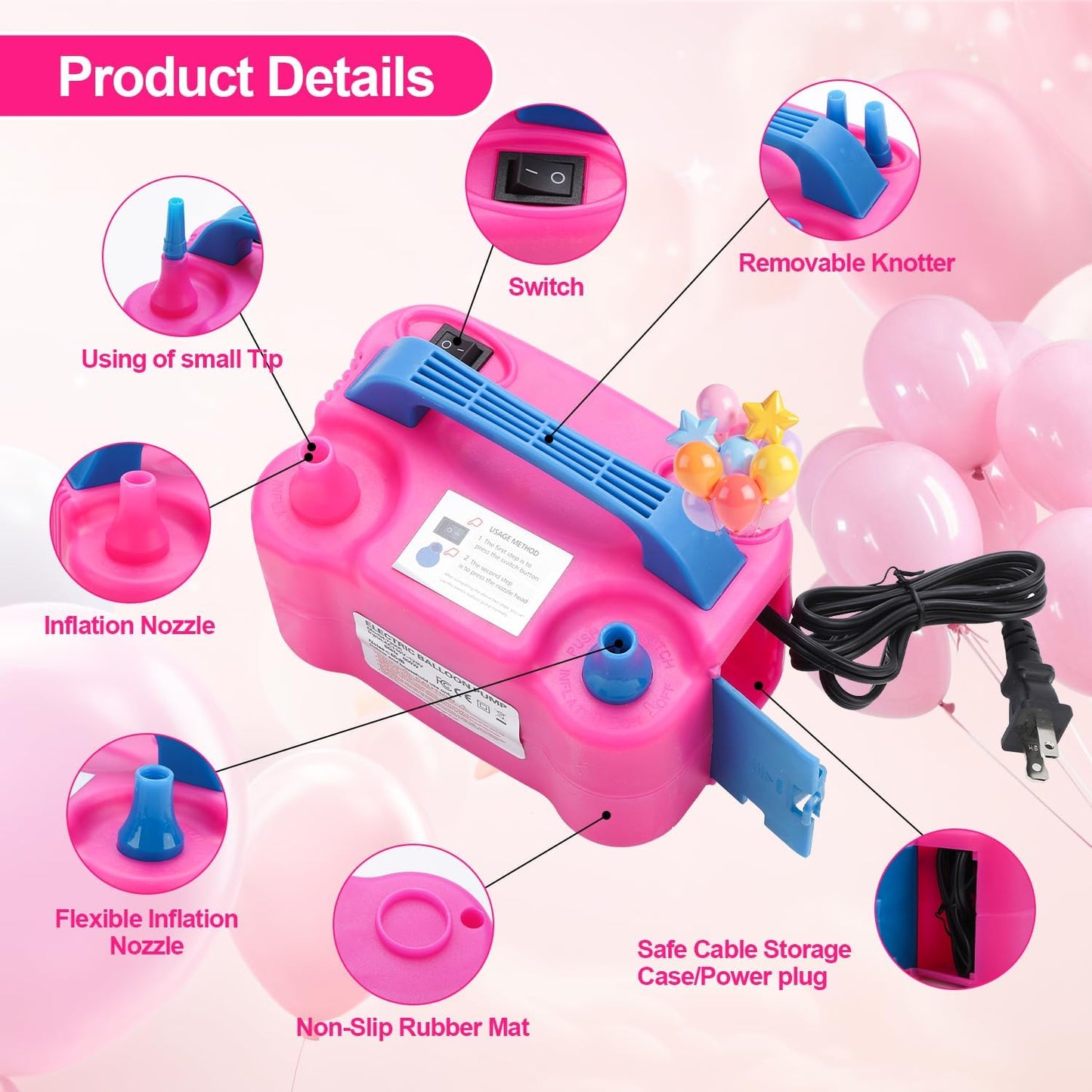 QIPUMP Balloon Pump Electric,110V 600W Balloon Blower Inflator Dual Nozzle Air Pump Balloons Inflator for Decoration, Party, Sport,Gifts:2 Balloon Tying Tools