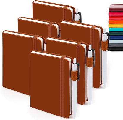 feela 6 Pack Pocket Small Notebooks Bulk, Mini Cute Memo Notepads Hardcover College Ruled Lined Journals with Pen Holder for Women Girls Office School, with 6 Black Pens, 3.5”x 5.5”, A6, Rose Pink