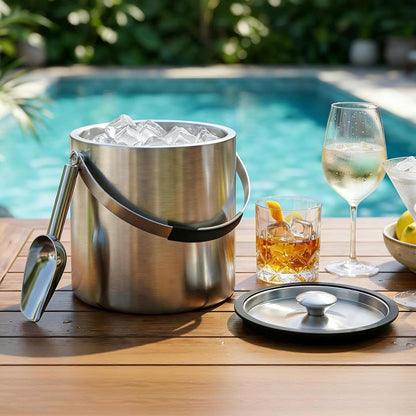 3.4Quart/3.2L Insulated Stainless Steel Ice Bucket with Lid, Scoop, Leather Design Double Wall Wine Bucket for Cocktail Bar, Parties (Dark Blue)