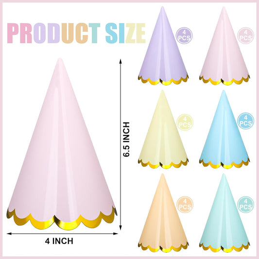 24 Pcs Pastel Birthday Party Hats Colorful Cone Birthday Hats Rainbow Cone Paper Hat with Elastic String for Baby Shower Bridal Wedding Party Supplies