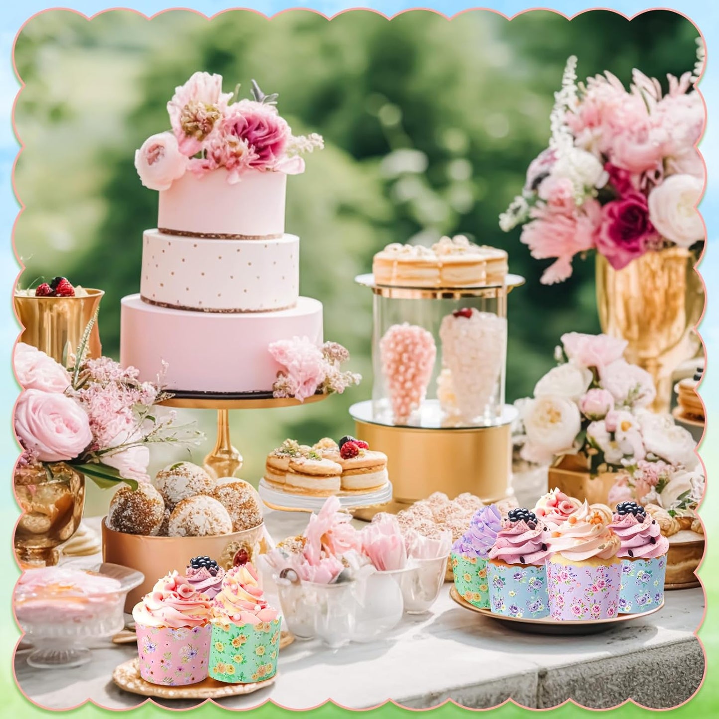 Qinyoung 120 Pcs Wildflower Cupcake Liner 4 Design Flower Paper Muffin Liner Scalloped Disposable Floral Baking Cup, Tea Party Baby/Bridal Shower Decoration for Spring Wedding Birthday Party Supplies