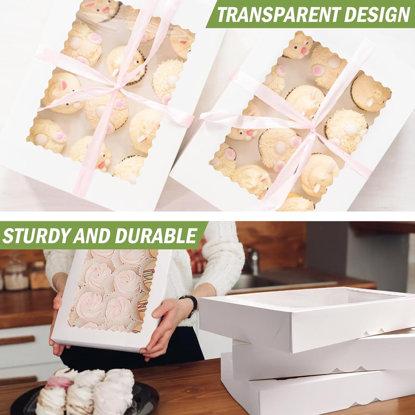 Rarapop 4 Pack Large Cookie Boxes with Window, 16x11x2.5 Inches Auto-Popup Bakery Boxes Treat Boxes for Pastries, Donuts, Pies, Muffins