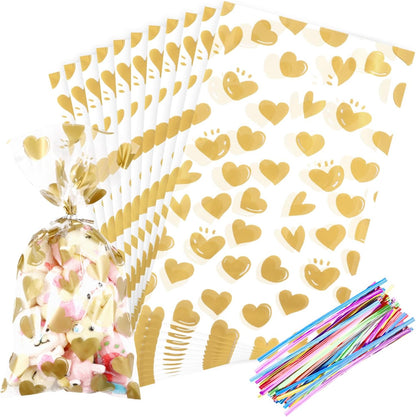 100 Pcs Star Printed 5"X 7" Gift Wrap Cello Cellophane Treat Bags Party Favor bags Clear Candy Cookie Bag Plastic Poly Goodie Storage Bag with Twist Ties for Bakery,Birthday, Wedding ,Party Decorations (Gold)