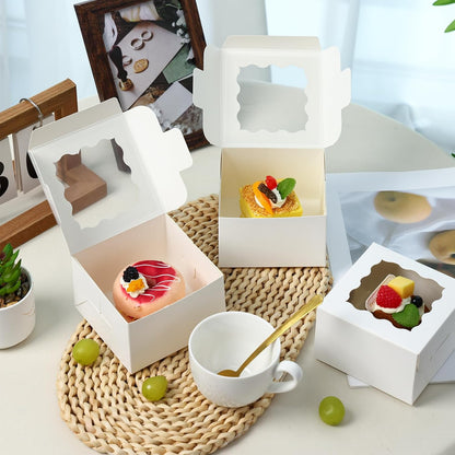 Moretoes 120pcs White Bakery Boxes, 4x4x2.5 Inch Cookie Boxes with Window for Small Cake, Treats, Donuts, Candy