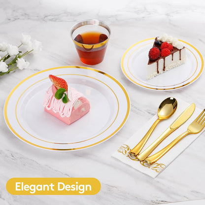 Goodluck 350 Pieces Gold Dinnerware Set for 50 Guests, Plastic Plates Disposable for Party, Include: 50 Gold Rim Dinner Plates, 50 Dessert Plates, 50 Paper Napkins, 50 Cups, 50 Gold Silverware Set