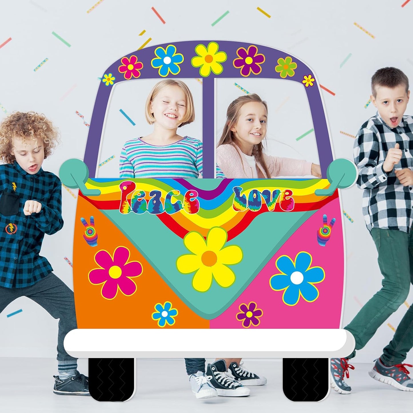 60's Hippie Bus Shaped Photo Prop 60s Party Decor Retro Groovy Foam Board Van Prop Hippie Selfie Frame Backdrop Birthday Party Supplies Retro 60s 70s Party Favor 34.6 x 31.5 Inch