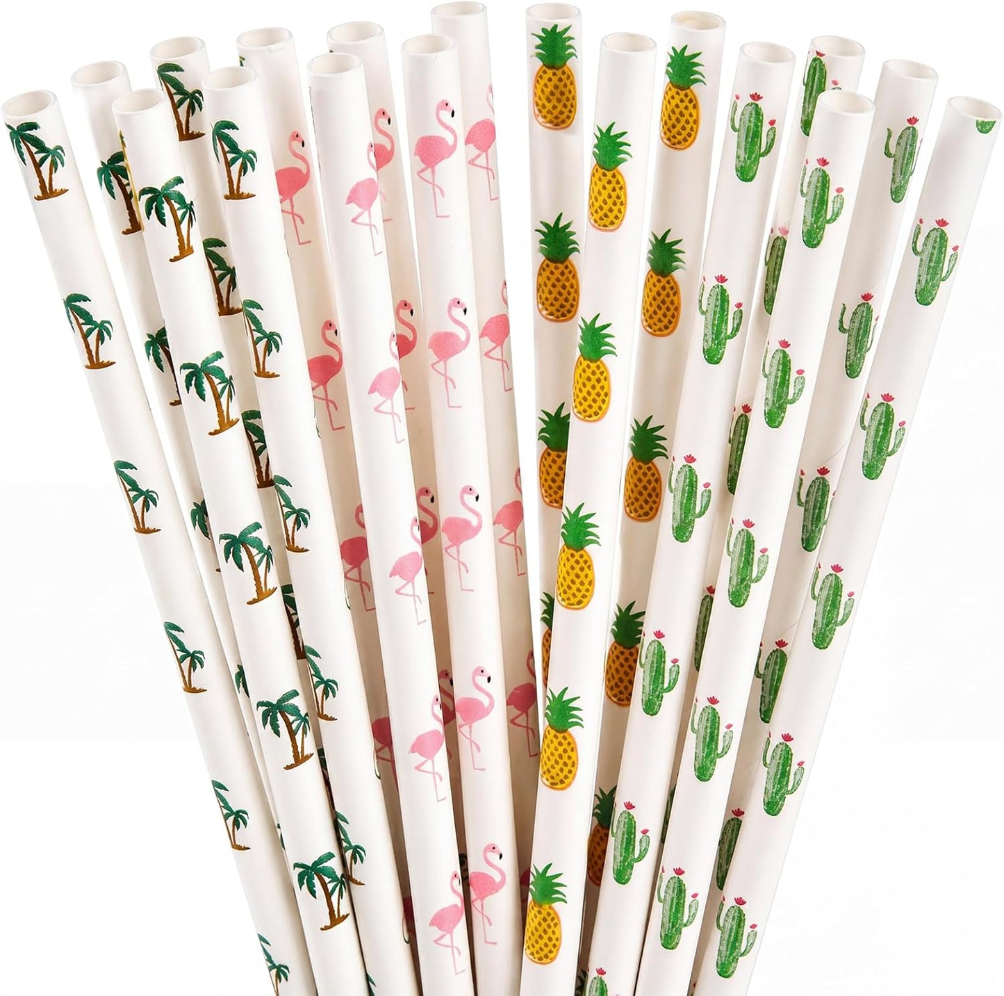 ALINK 100 Pack Tropical Paper Straws - 7.75" Biodegradable Hawaii Party Straws with Flamingo, Pineapple, Cactus & Coconut Tree Designs - Supplies for Luau, Beach Party, Birthday & Summer Cocktails